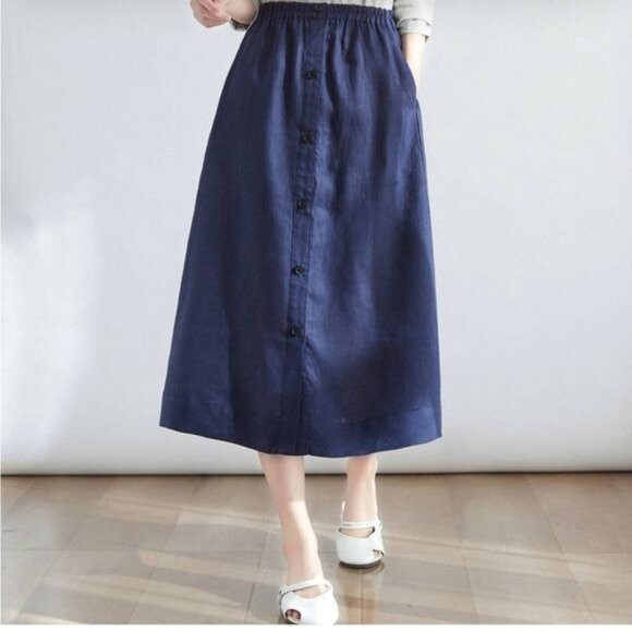 Garan Womens Elastic Waist Navy Skirt With Button Front Relaxed Fit Cotton Blend - Picture 1 of 13